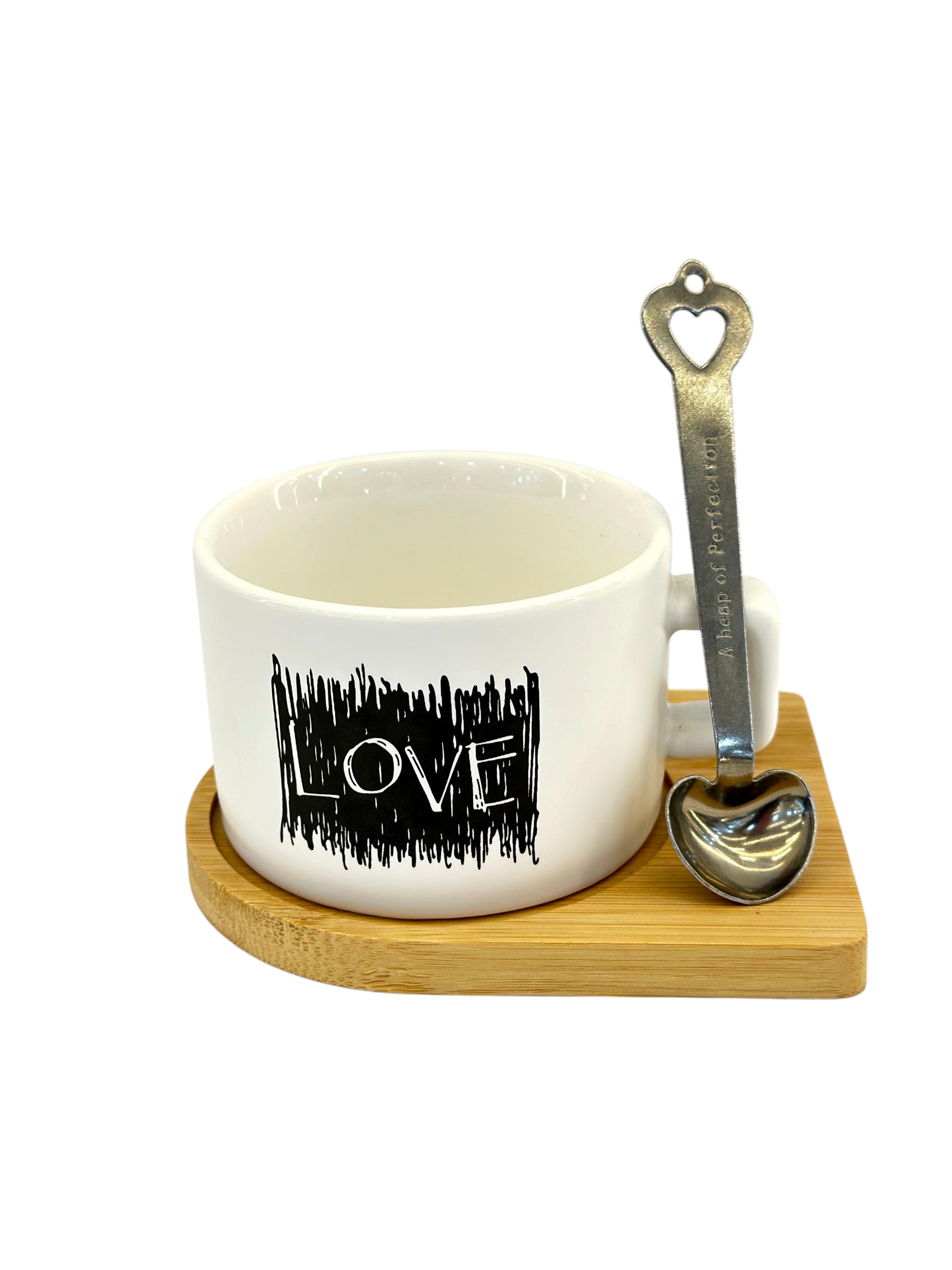 Ceramic mug with wooden base and spoon