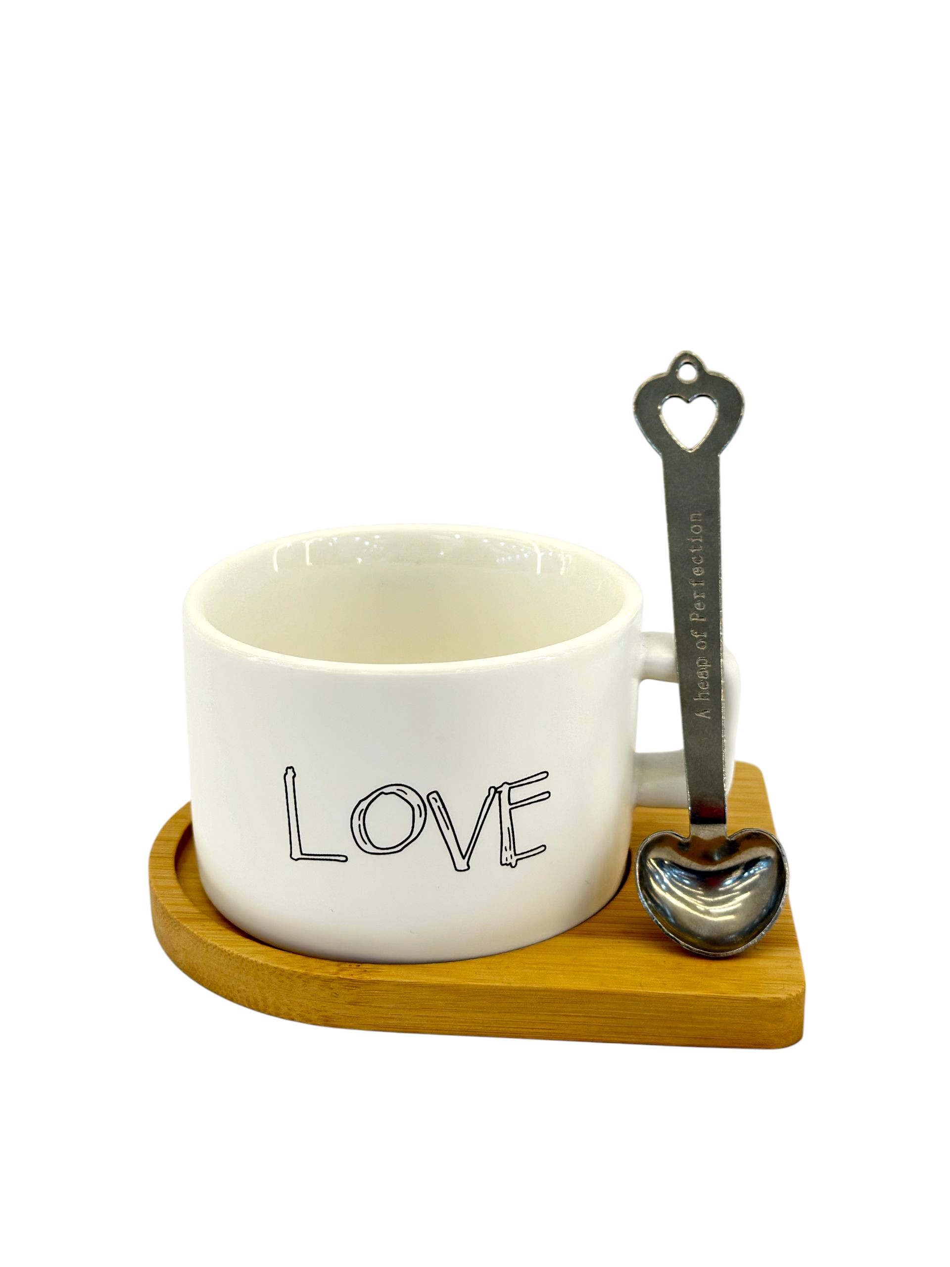 Ceramic mug with wooden base and spoon