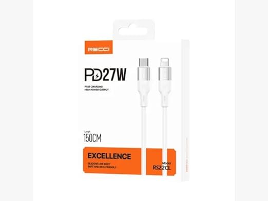 Recci Type-C to Lightning Power Delivery Cable, 27W, 150cm, White, RS22CL