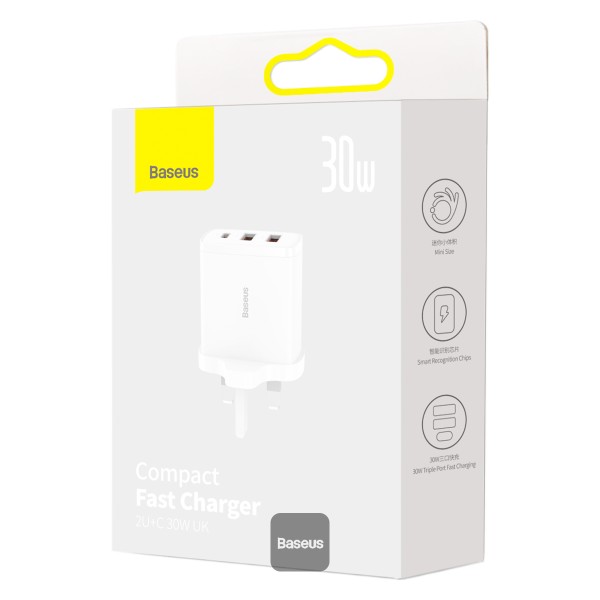 Baseus Compact Fast Charger 2U+C 30W UK -white