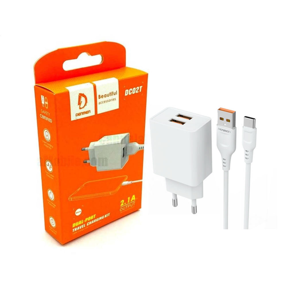 Denmen Dc02t Dual Usb Ports 2.4a Charger Adapter With Usb Type C Cable White