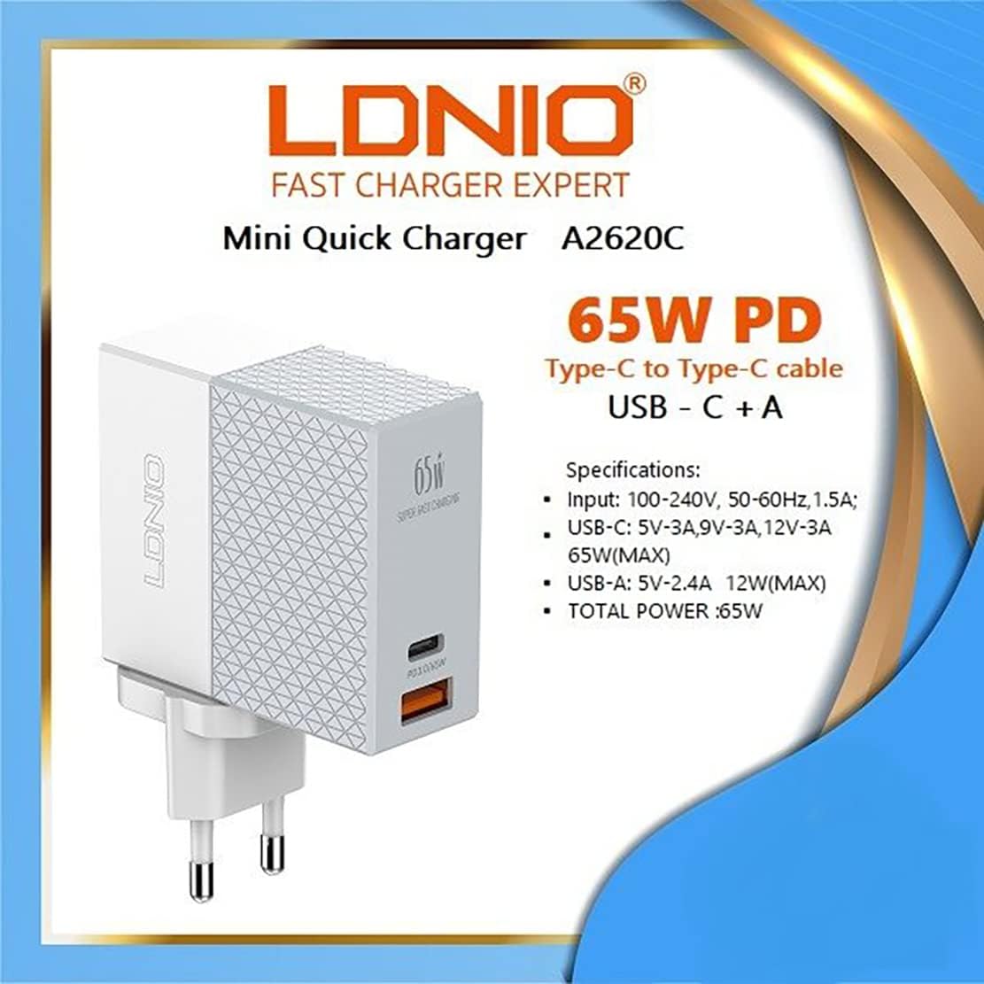 LDNIO Wall Charger A2620C USB, USB-C 65W + USB-C - USB-C Cable