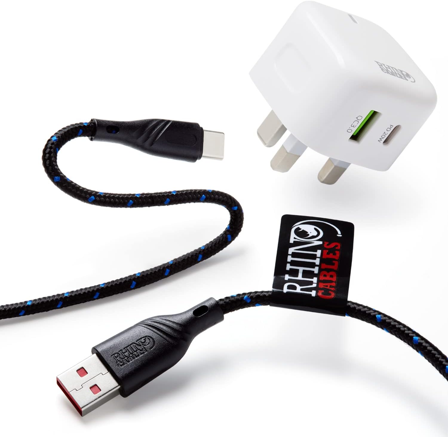 Rhinocables Dual Usb+Type-C Charger + Micro Usb Cable 20w - Fast-Charging , 1m