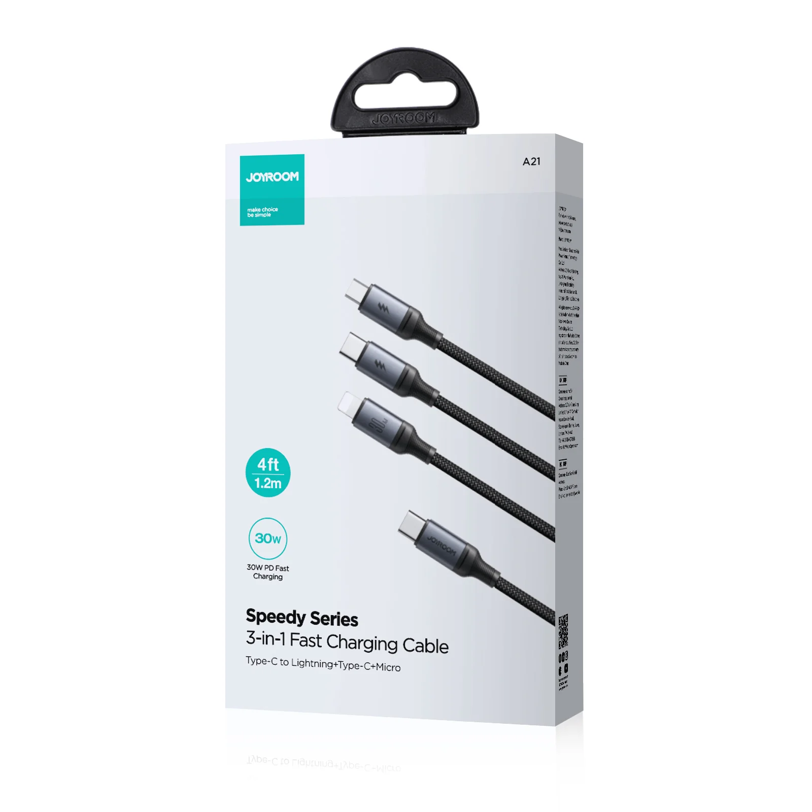 JOYROOM A21-1T3 30W 3-in-1 Fast Charging Cable (Type-C to L+C+M) 1.2m