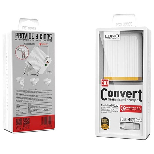 LDNIO A2502Q Quick Charge 3.0 USB Travel Charger with type c Cable