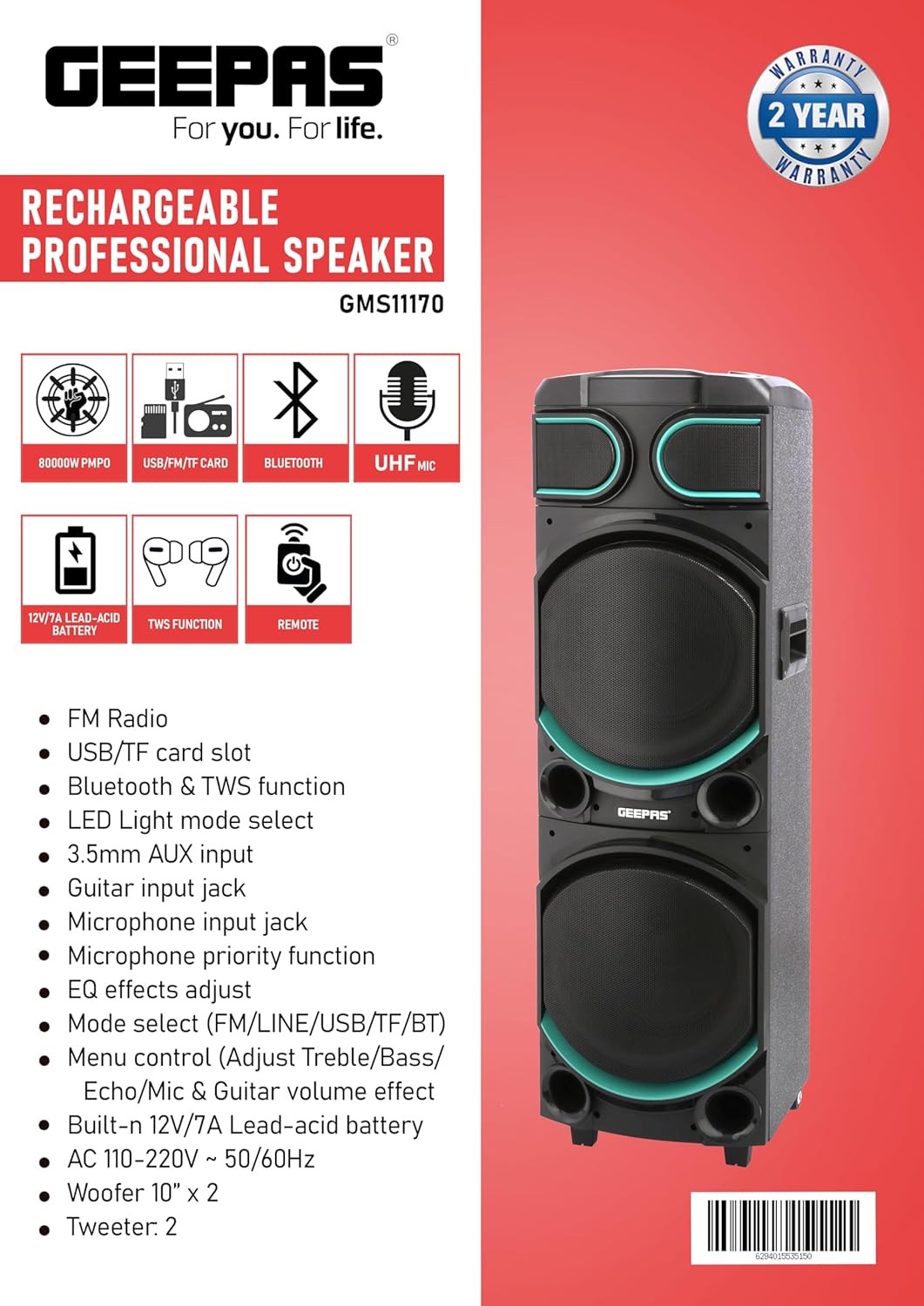 مكبر صوت احترافي قابل لإعادة الشحن من جيباس، مزود بإضاءة LED