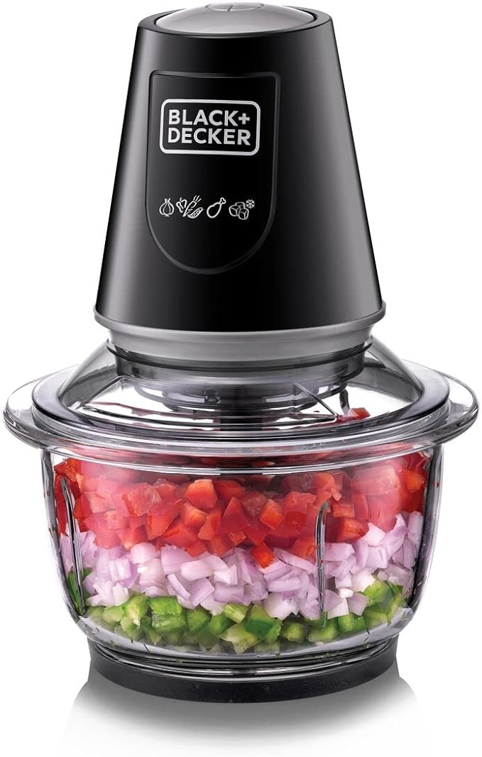 Black & Decker Glass Chopper with Pulse Function, 400 Watts, 1.2 Liter, XXL Glass Bowl Capacity, 4 Removable Blade System - Black
