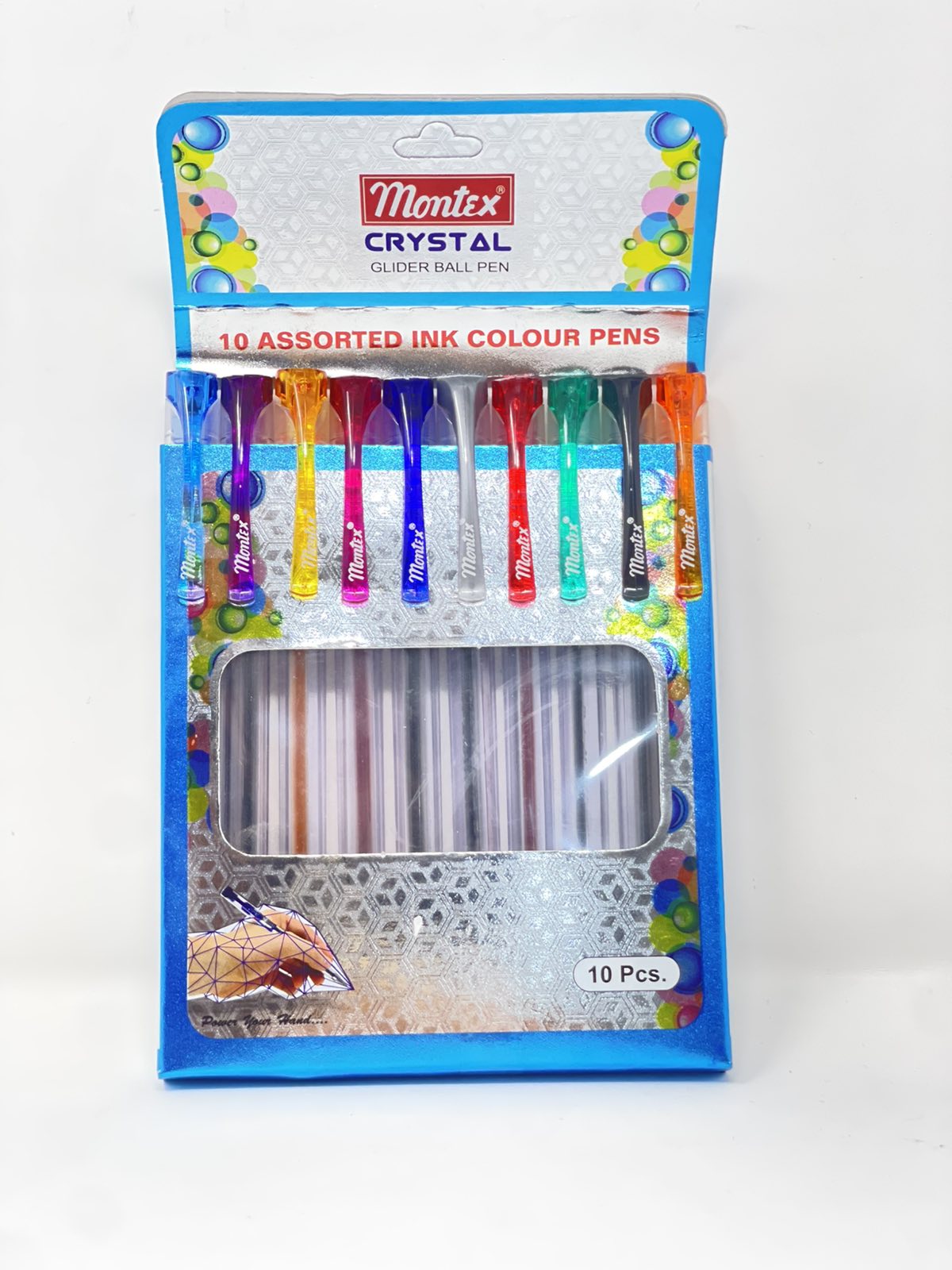 Montex Crystal Glider Ball Pens containing 10 assorted ink color pens