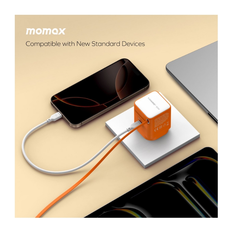 شاحن Momax CHARGE & Port GaN 65W مع كابل USB-C قابل للسحب (منفذ USB-C × 1، كابل USB-C × 1)