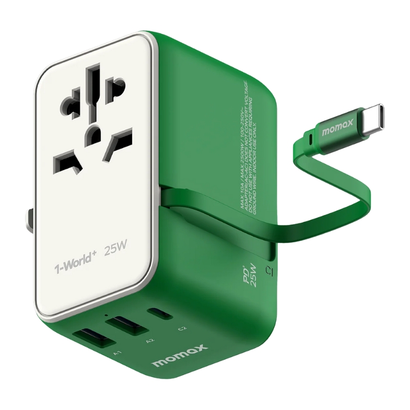 ئەداپتەری گەشتیاری مۆماکس گەیاندنی کارەبای 25W 3-Port لەگەڵ کێبڵی USB-C