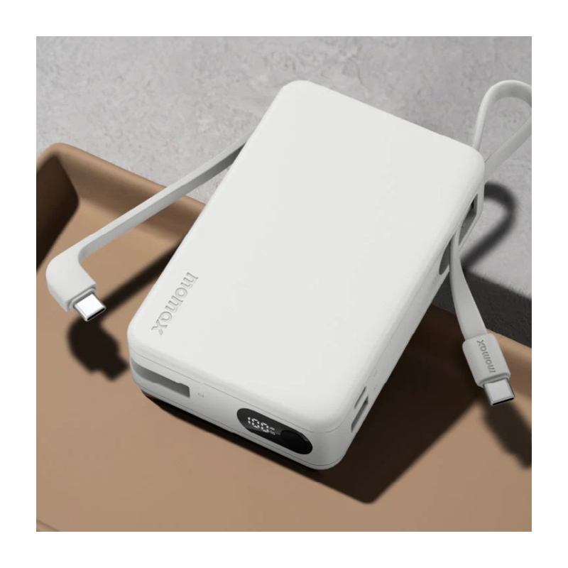 Momax Power Vital+ 10000mAh Battery Pack with Built-in USB-C and Lightning Cable (White)