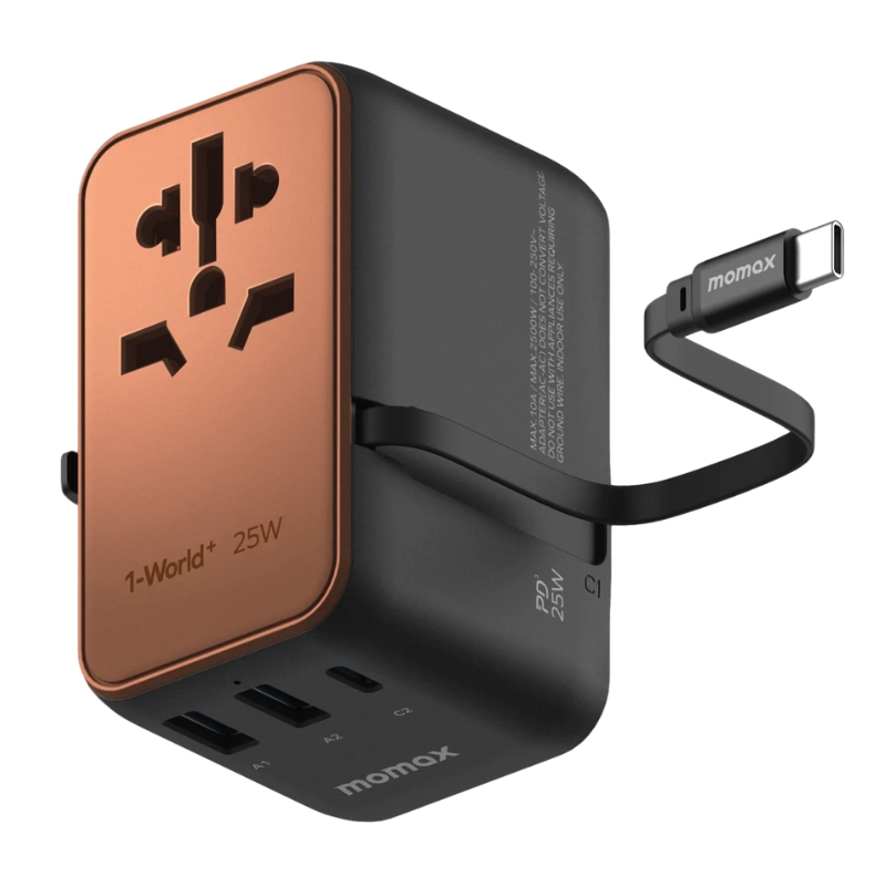 Momax UA20L2 World Plus Travel Charger 25W 3-Port with Built-in USB-C Cable And AC Adapter – Gold