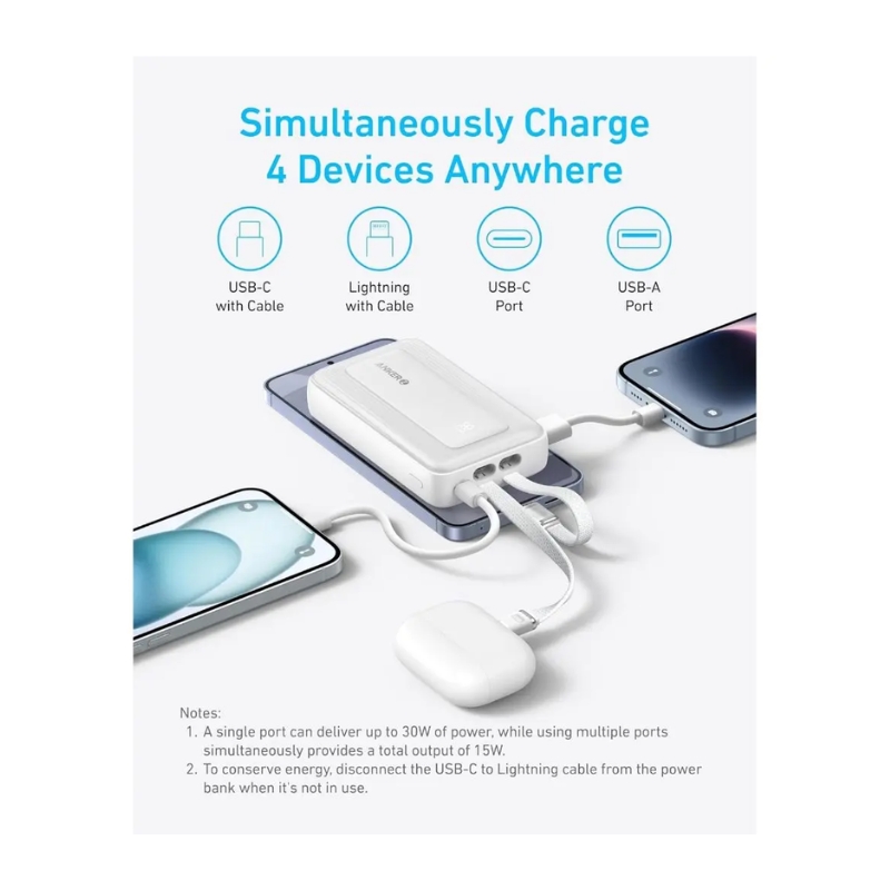 باور بانك أنكر 10000 مللي أمبير في الساعة 30 واط مع كابل USB-C+Lightning مدمج