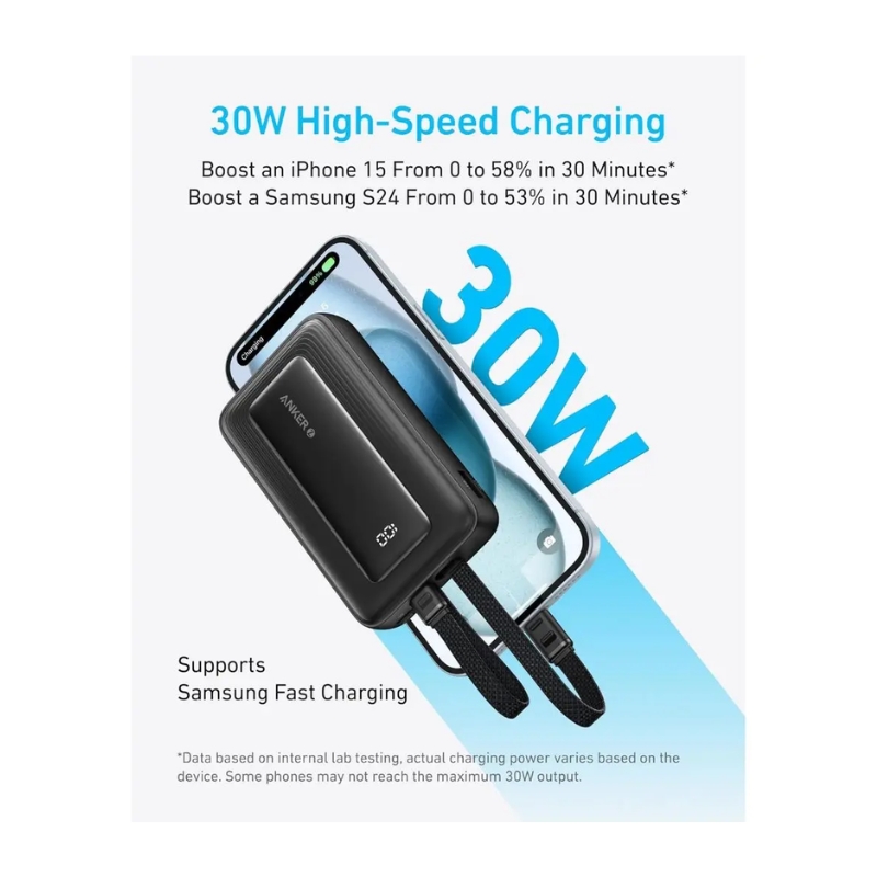 باور بانك أنكر 10000 مللي أمبير في الساعة 30 واط مع كابل USB-C+Lightning مدمج