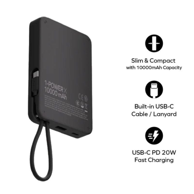 پاوەر بانکی مۆماکس پاوەر ئێکس  10000mAh لەگەڵ کێبڵی USB-C ی ناوەکی