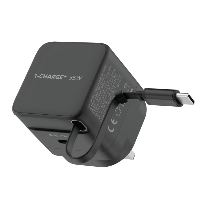 بارگاویکەرەوەی Momax CHARGE & Port GaN 35W بە کێبڵی USB-C ی کشانەوە (دەرچەی USB-C x 1، کێبڵی USB-C x 1)