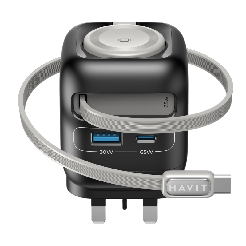 Havit UC252 UK 65W GaN Travel Charger with Flexible Cable and Apple Watch Charger