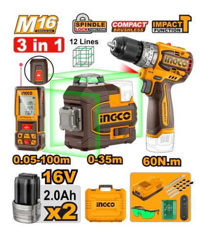 سێتی 16V لیتیۆم دریل، 60Nm، 2 پاتری، ئاست، ئاستی لەیزەر، ئیکسسوارات