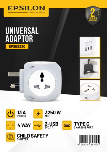 Epsilon 3250W Universal Adapter Comes with 13A Power, 4-Way Socket