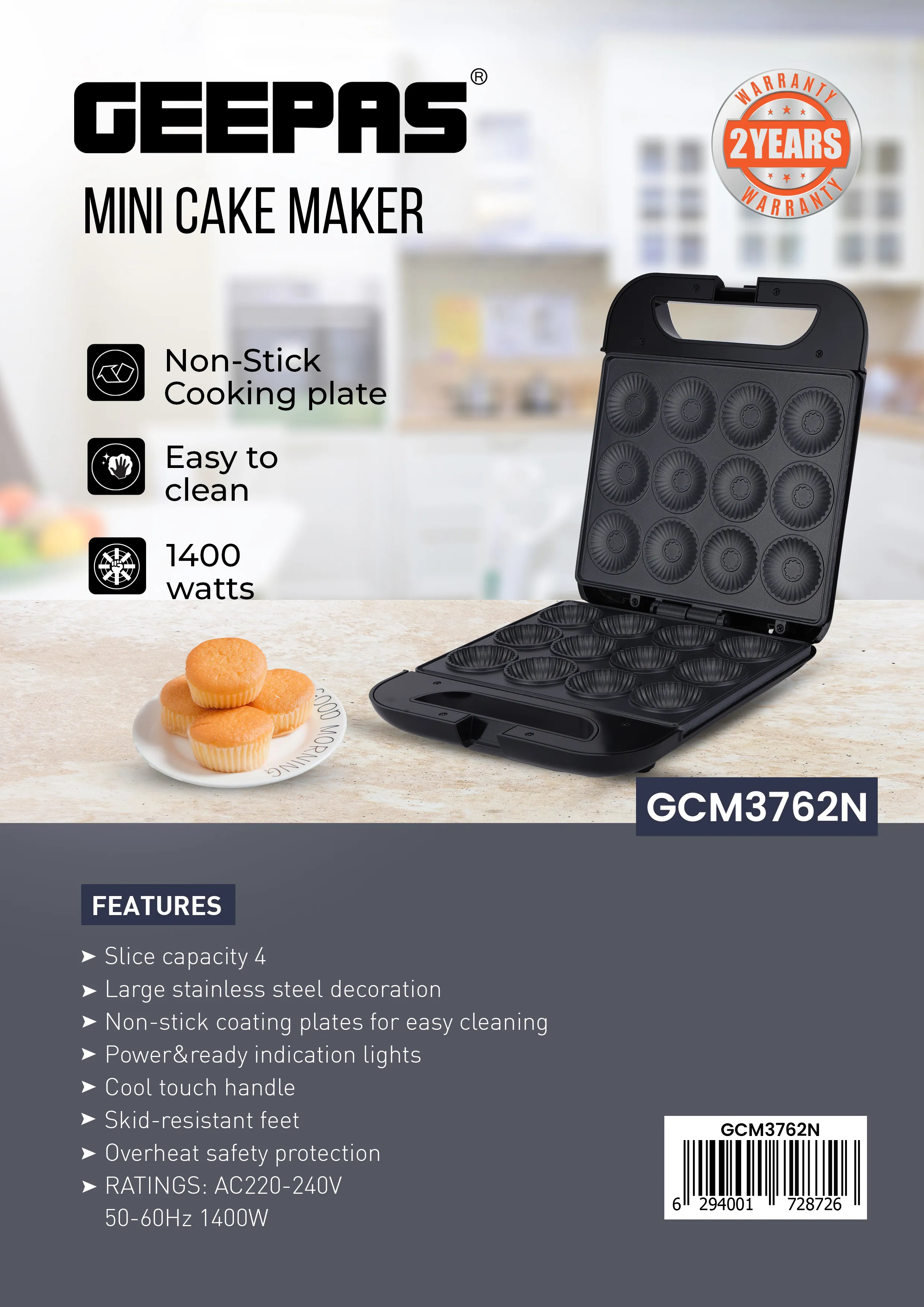 Geepas12Pcs Mini Cake Maker 1400W