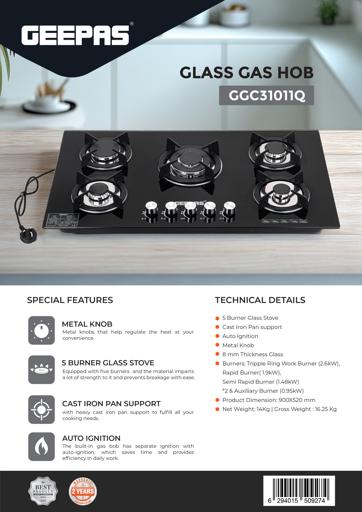 Geepas Glass Gas Hob 5 Burner Glass Stove