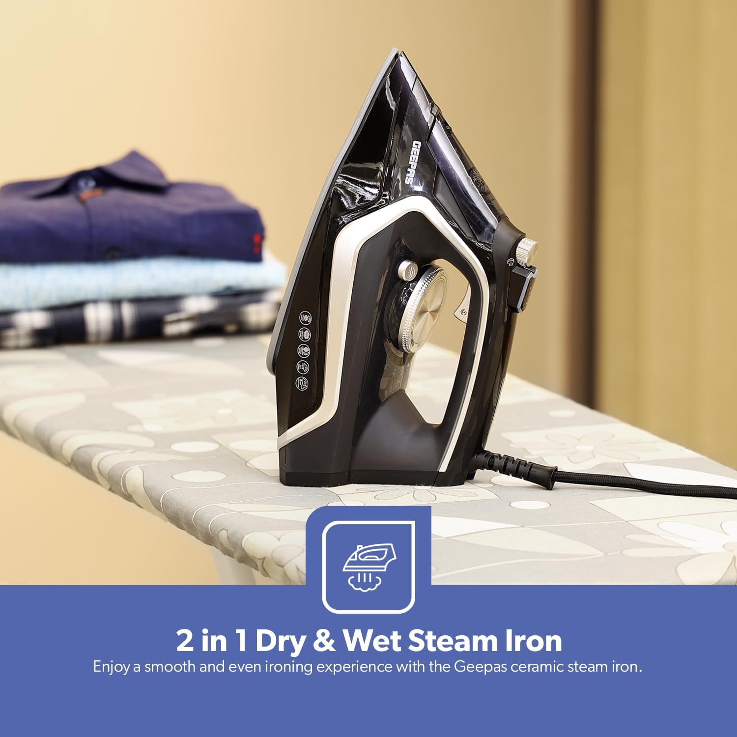 مكواة بخار سيراميك جيباس للكي الجاف والرطب