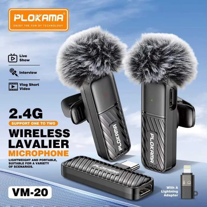 PLOKAMA VM20 microphone Wireless Support Usb To Iphone & Play Dual Mic Type C & Lightning