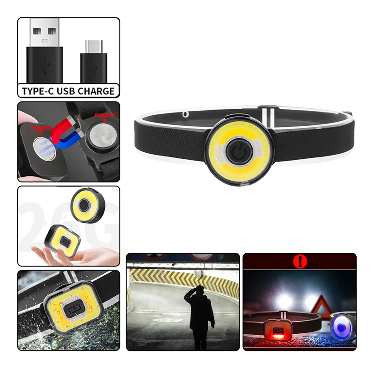 مصباح أمامي صغير محمول قابل للشحن عبر منفذ USB، أحمر، أزرق، تحذيري