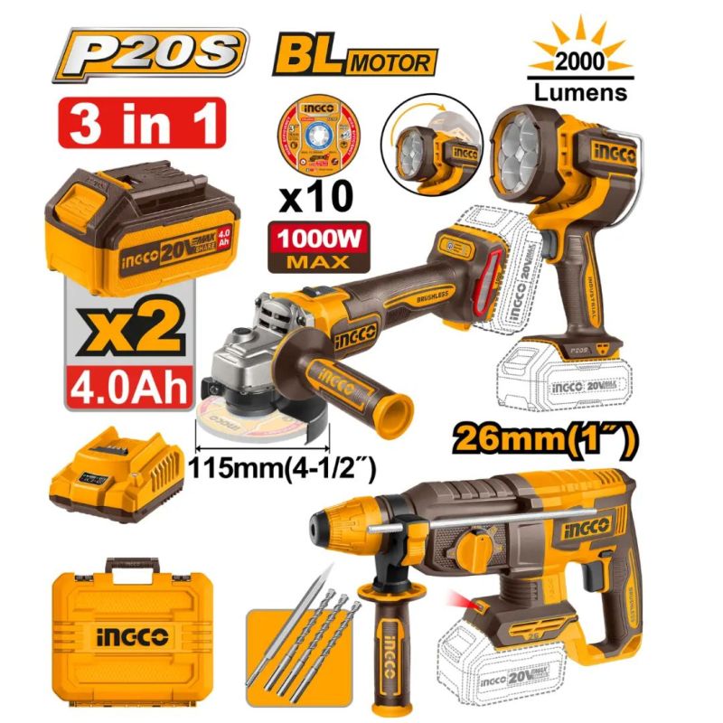 سێتی دریل بێ تەل بە 26mm + وردکەری گۆشە + تورکی + بارگاویکەرەوە + پاتری 2 x 4Ah + 10 پاتری