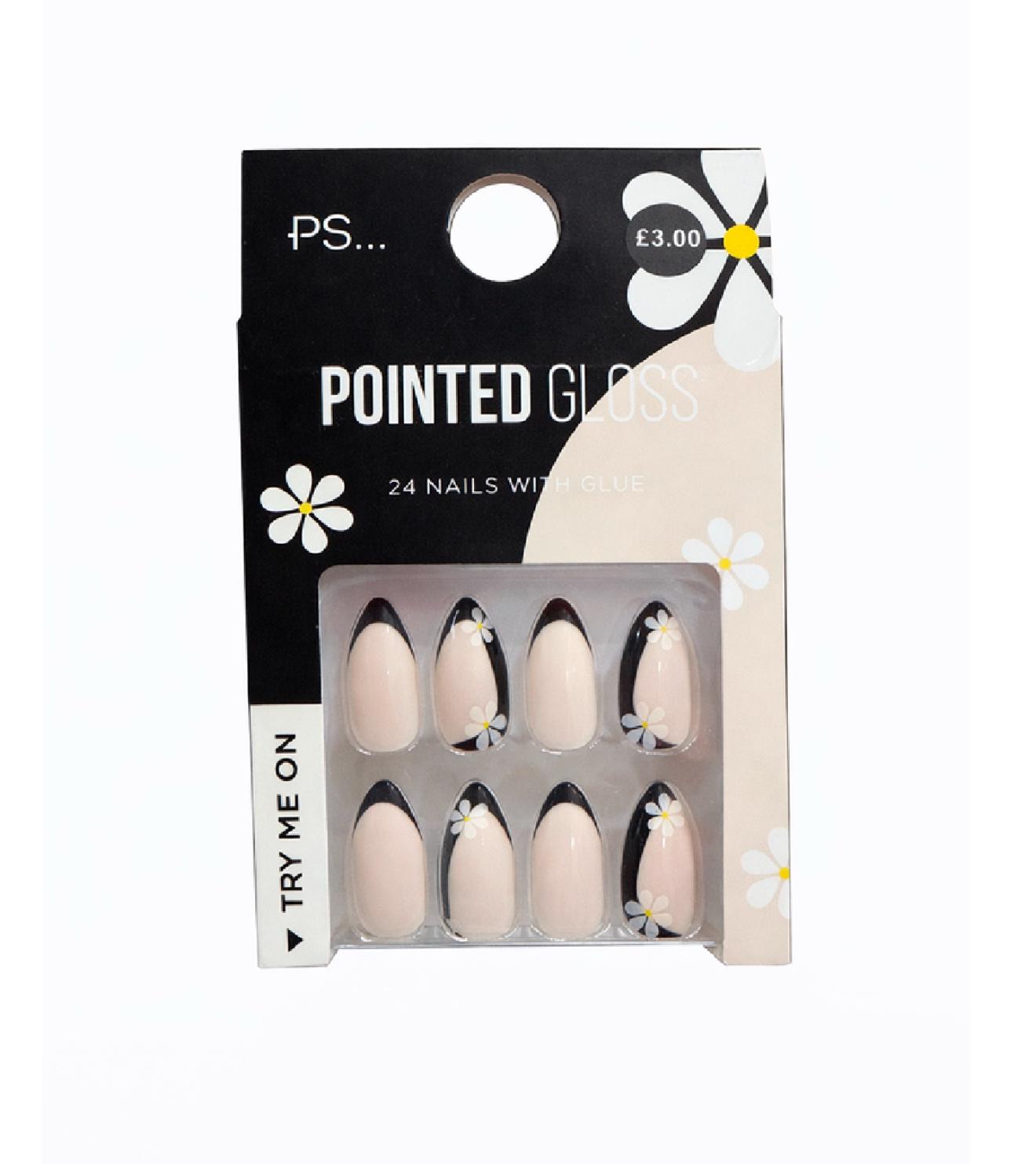 PS… Pointed Gloss False Nails – Nude & Black Daisy Design (24 Nails with Glue)