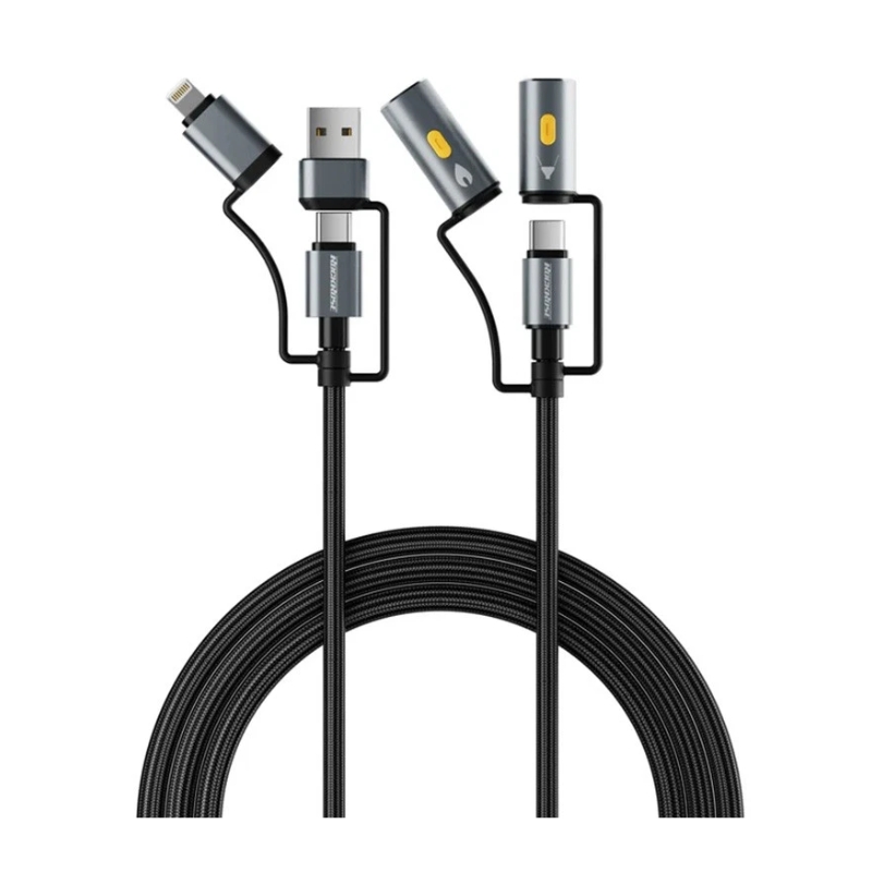 التصميم: هيكل معدني بالكامل (Full Metal Design) – لون رمادي أنيق  المدخلات:  USB-A  USB-C  Lightning  المخرجات:  USB-C  الاستخدام: متعدد المهام – للشحن، والاستخدام العملي اليومي  الحجم: صغير وسهل الحمل