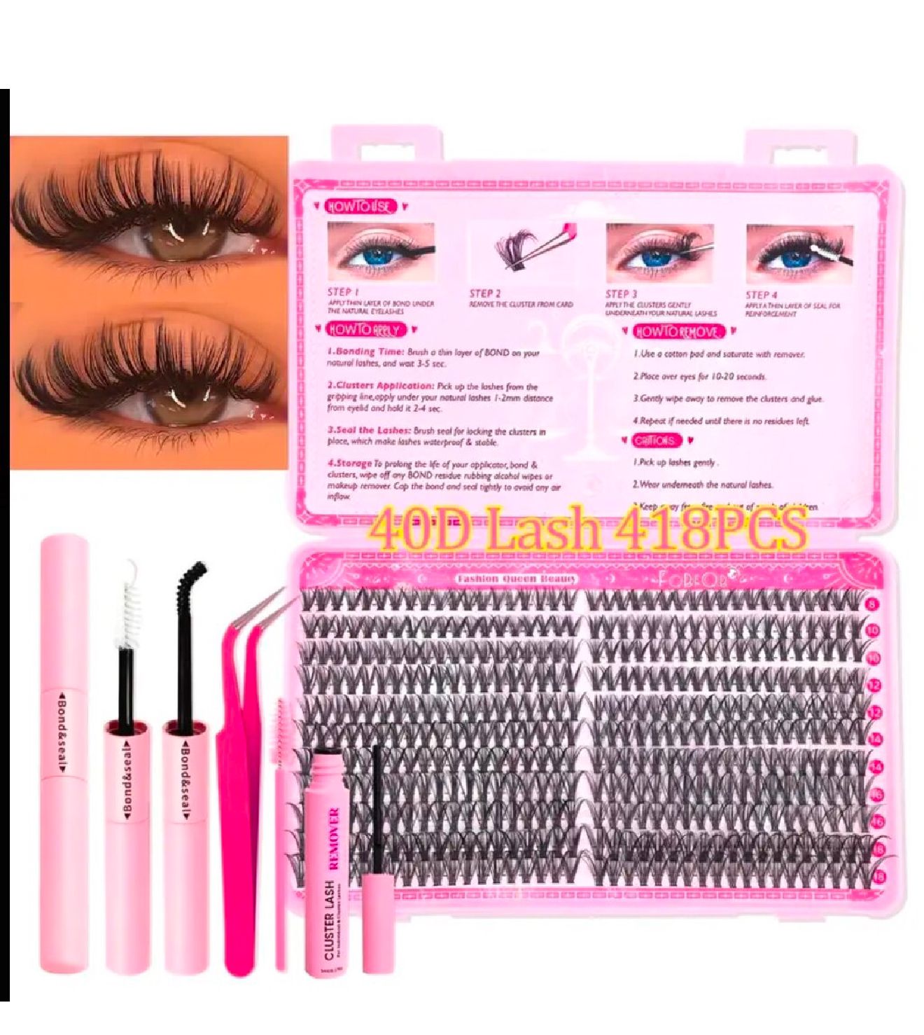 40D DIY Lash Extension Kit - 418PCS Wispy Cluster Lashes with Bond, Seal & Remover