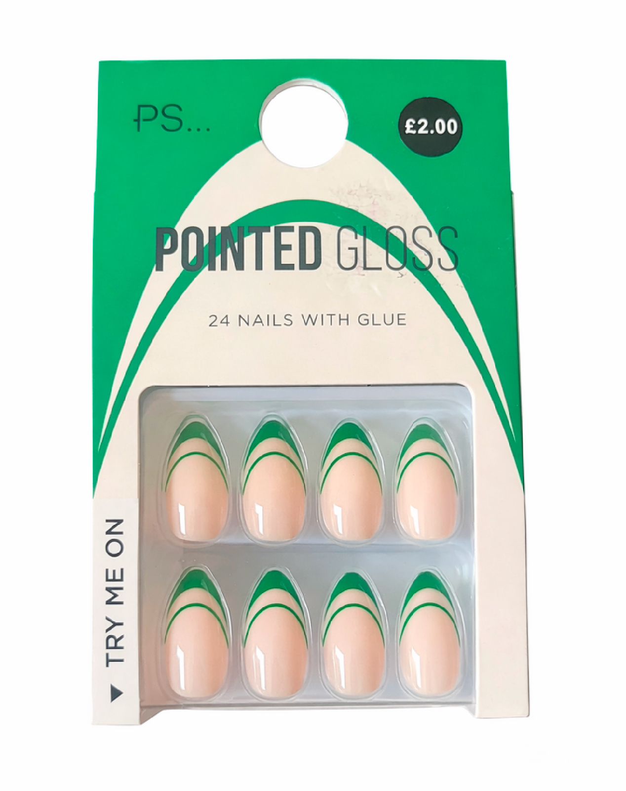 PS... Pointed Gloss False Nails - Nude & Green Tip Design (24 Nails with Glue) color option