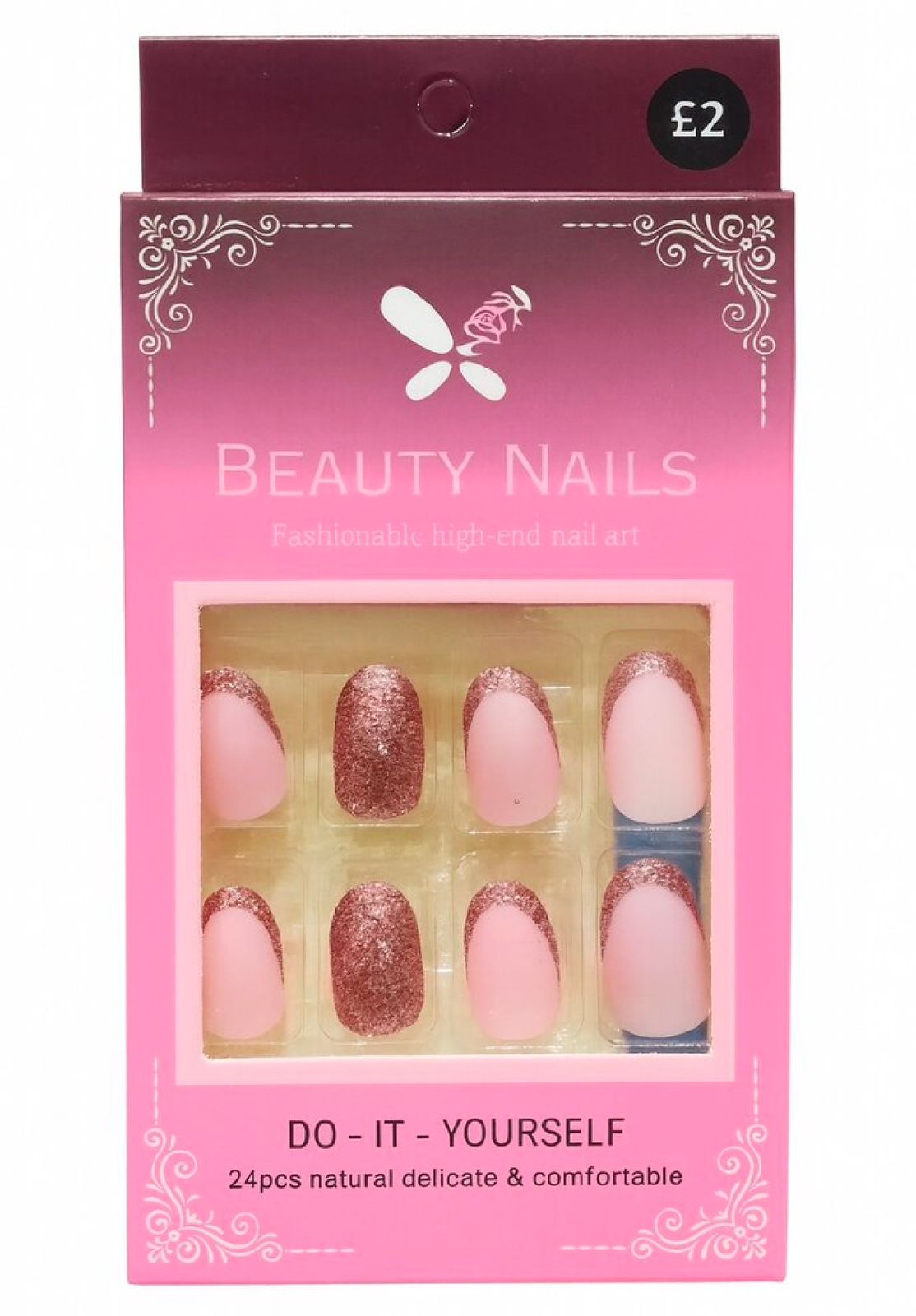 Beauty Nails Press-On False Nails - Pink & Rose Gold Glitter (24 Pieces)