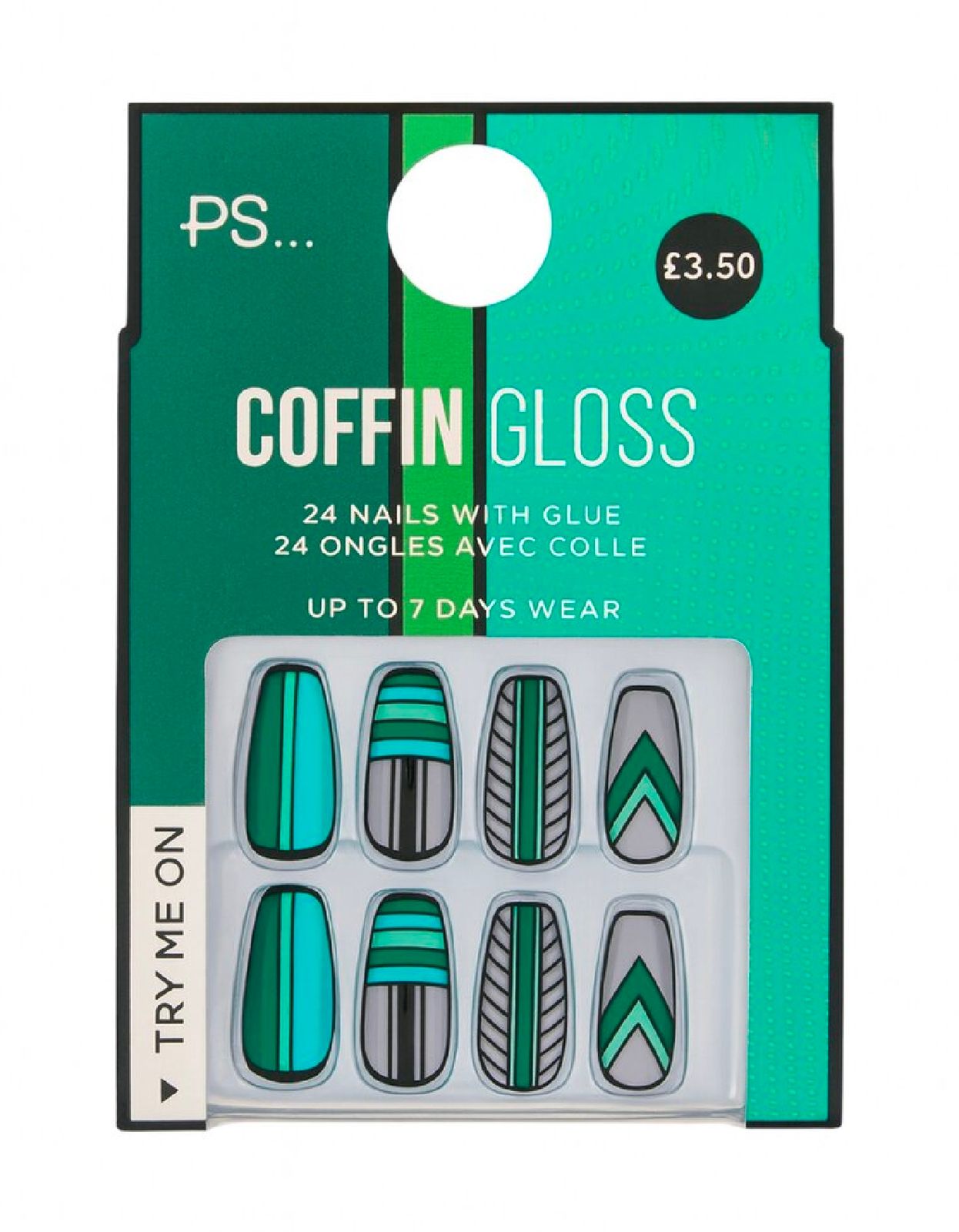 PS... Coffin Gloss False Nails - Green Geometric Design (24 Nails) color option