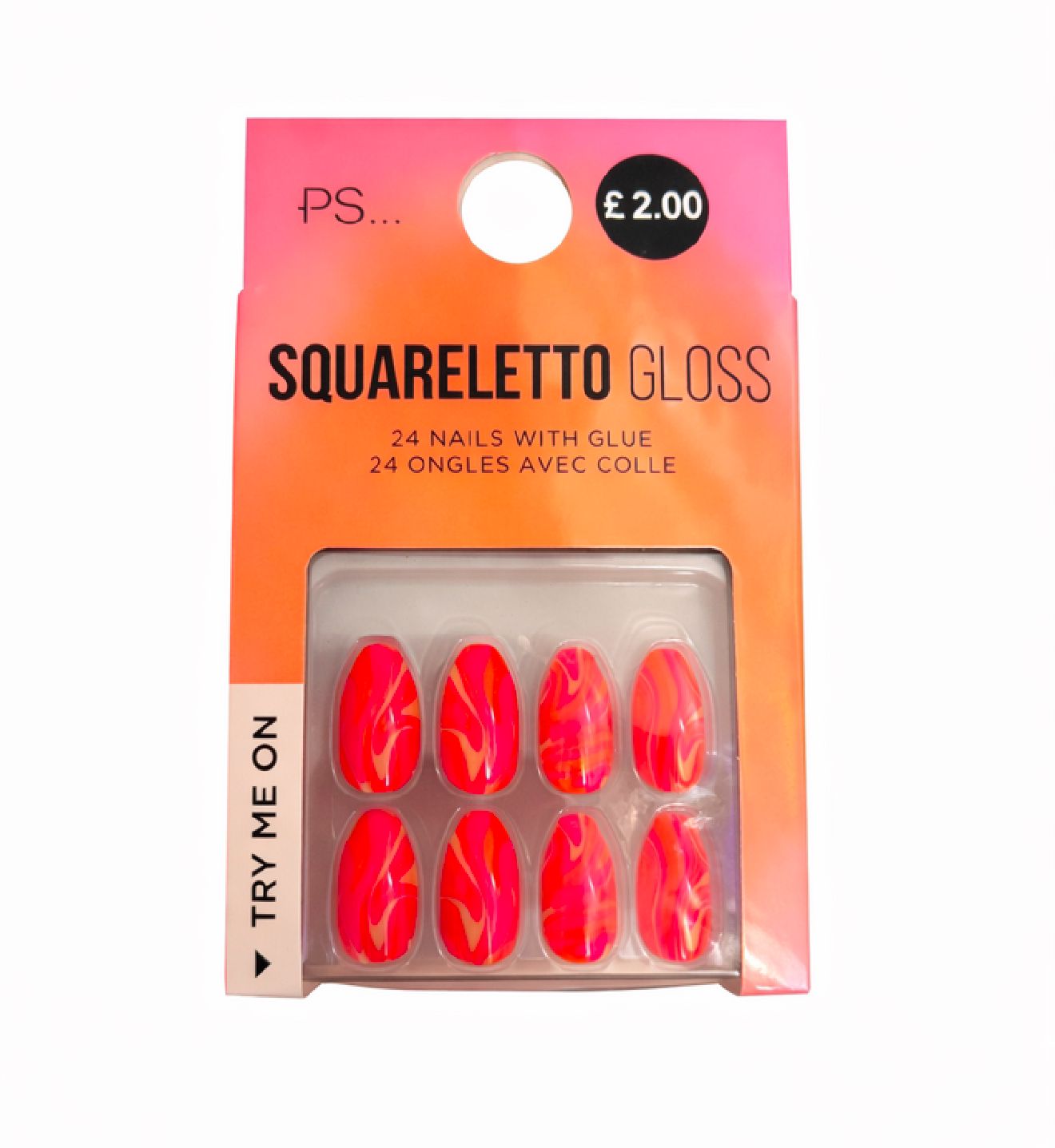 PS... Squareletto Gloss False Nails - Red Swirl Design (24 Nails with Glue)