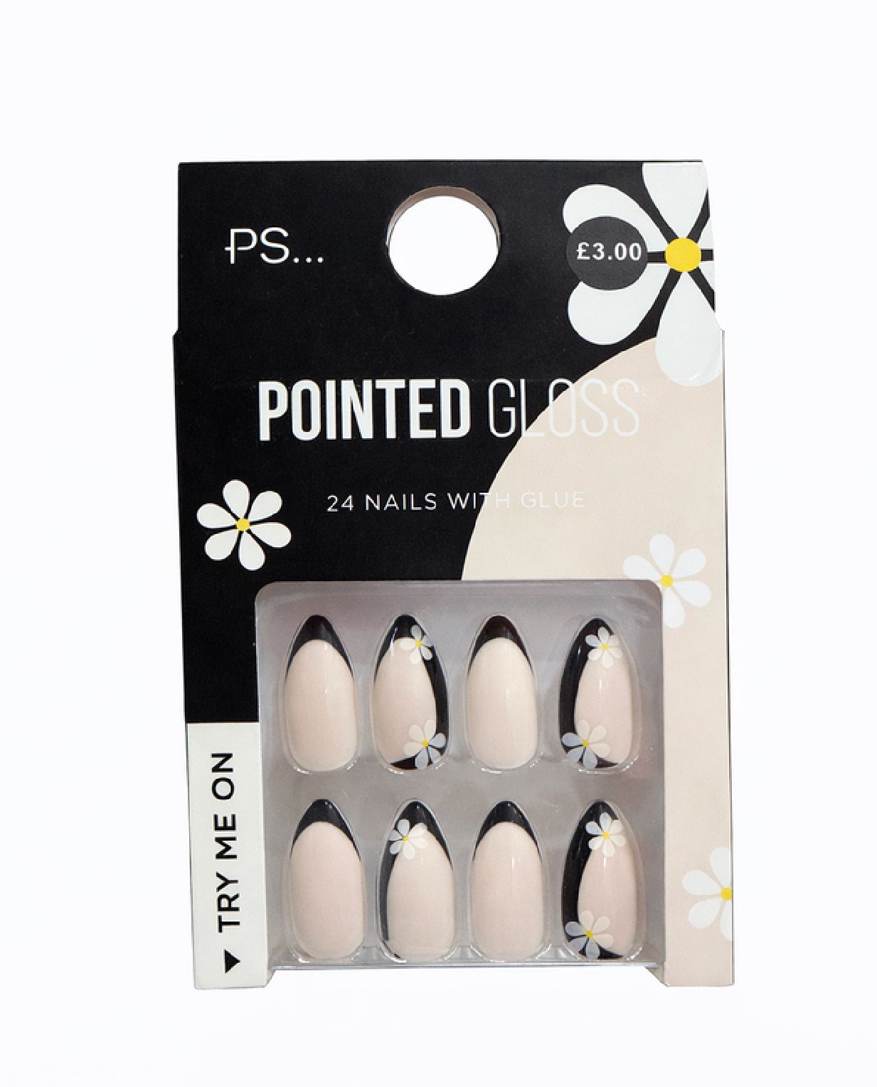 PS... Pointed Gloss False Nails - Nude & Black Daisy Design (24 Nails with Glue) color option