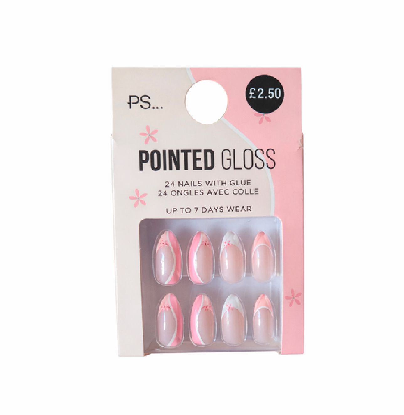 PS... Pointed Gloss False Nails - Soft Pink French Design (24 Nails with Glue) color option