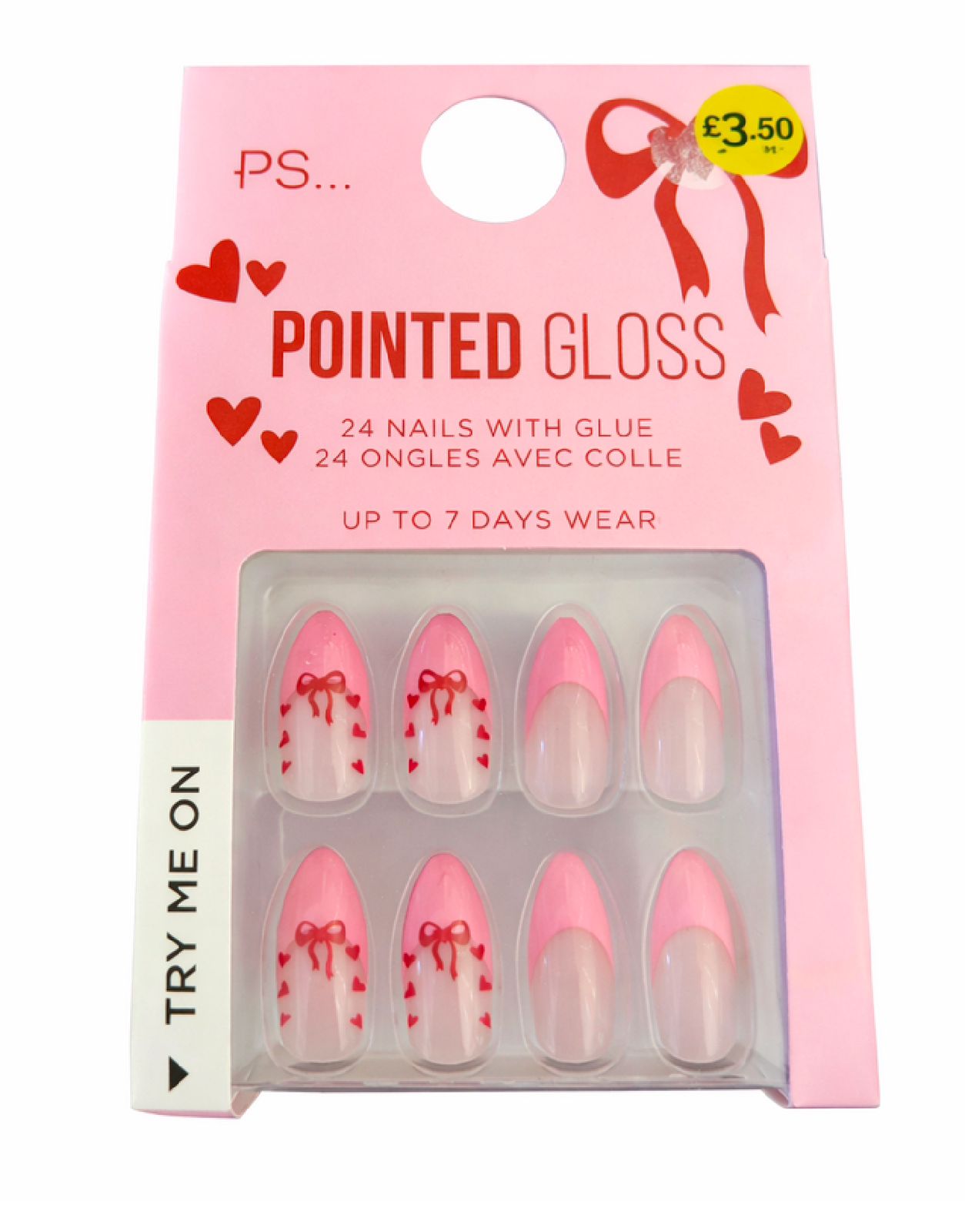 PS.. Pointed Gloss Press-On Nails (Pink Bow Design)