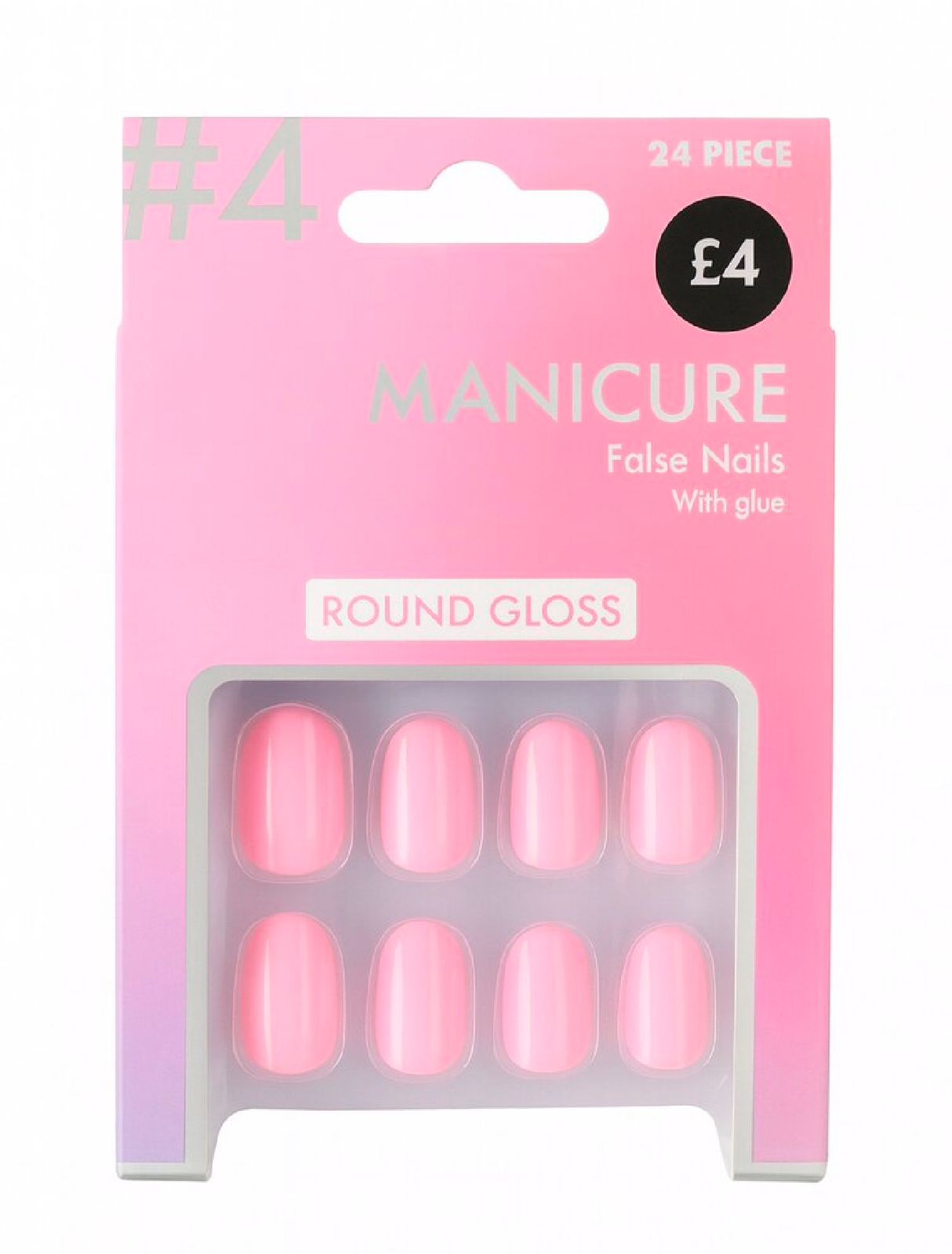 Manicure Round Gloss False Nails - Pink (24 Piece With Glue)