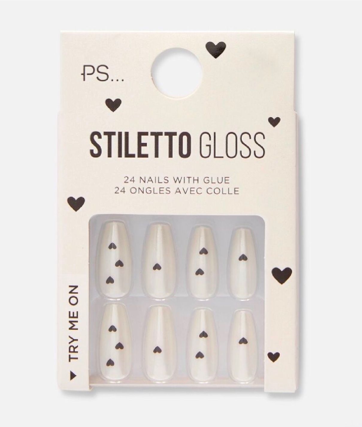 PS... Stiletto Gloss False Nails - White with Black Heart Design (24 Nails)