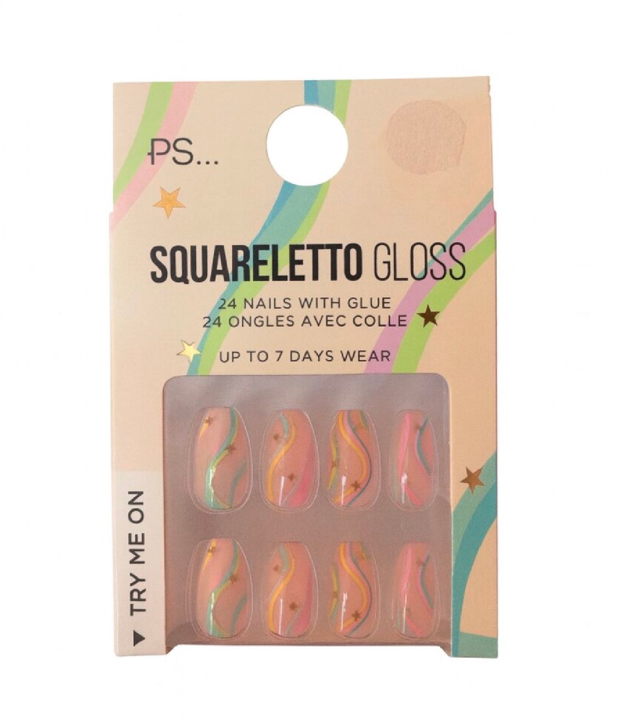PS... Squareletto Gloss False Nails - Pastel Swirl Design (24 Nails)