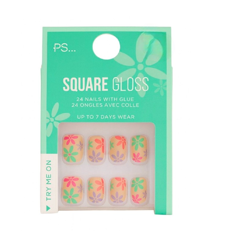 PS... Square Gloss False Nails - Floral Pastel Design (24 Nails)