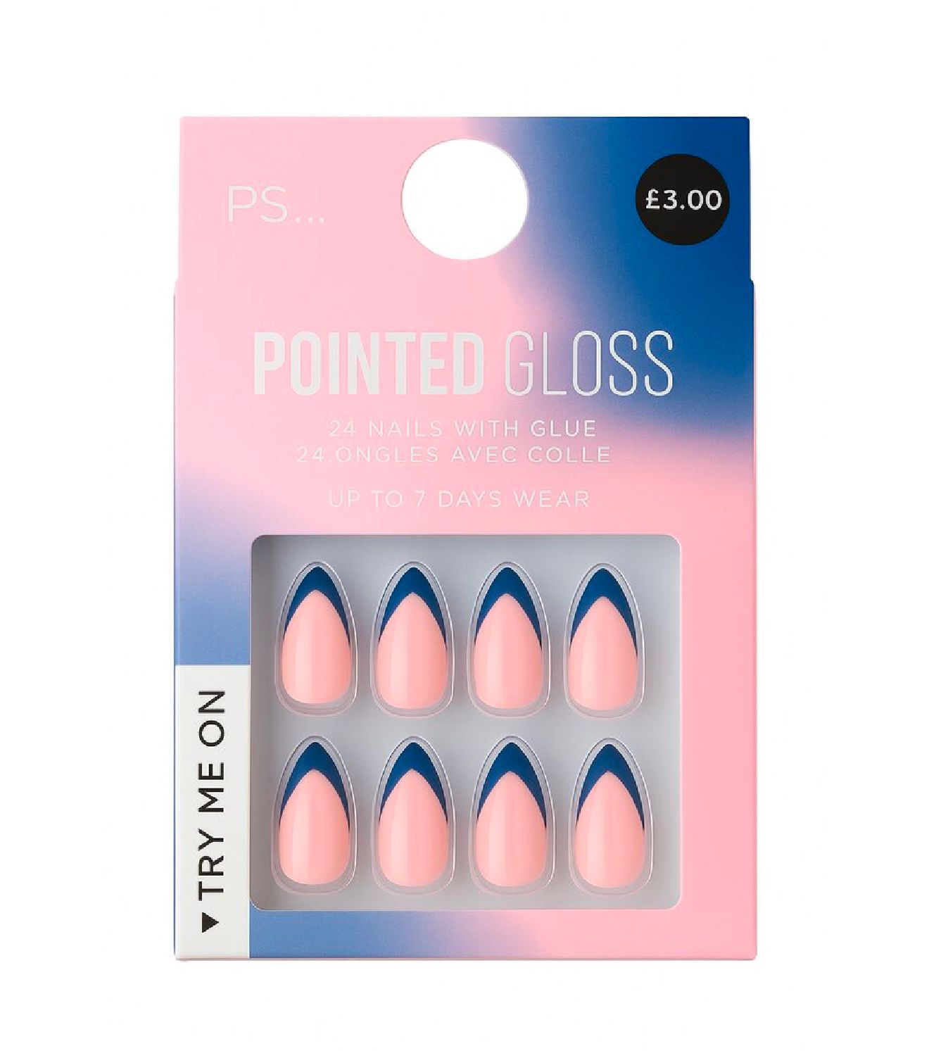 PS... Pointed Gloss False Nails - Pink with Navy Tips (24 Nails)