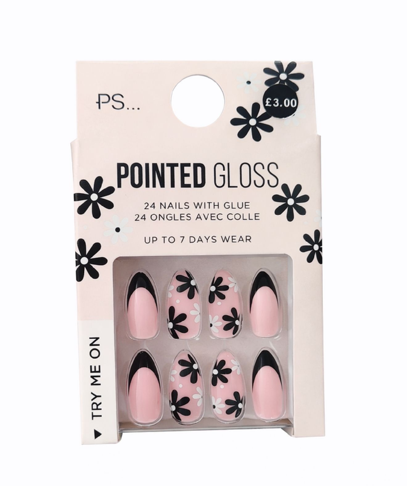 PS... Pointed Gloss False Nails - Black & Blush Floral Design (24 Nails with Glue) color option