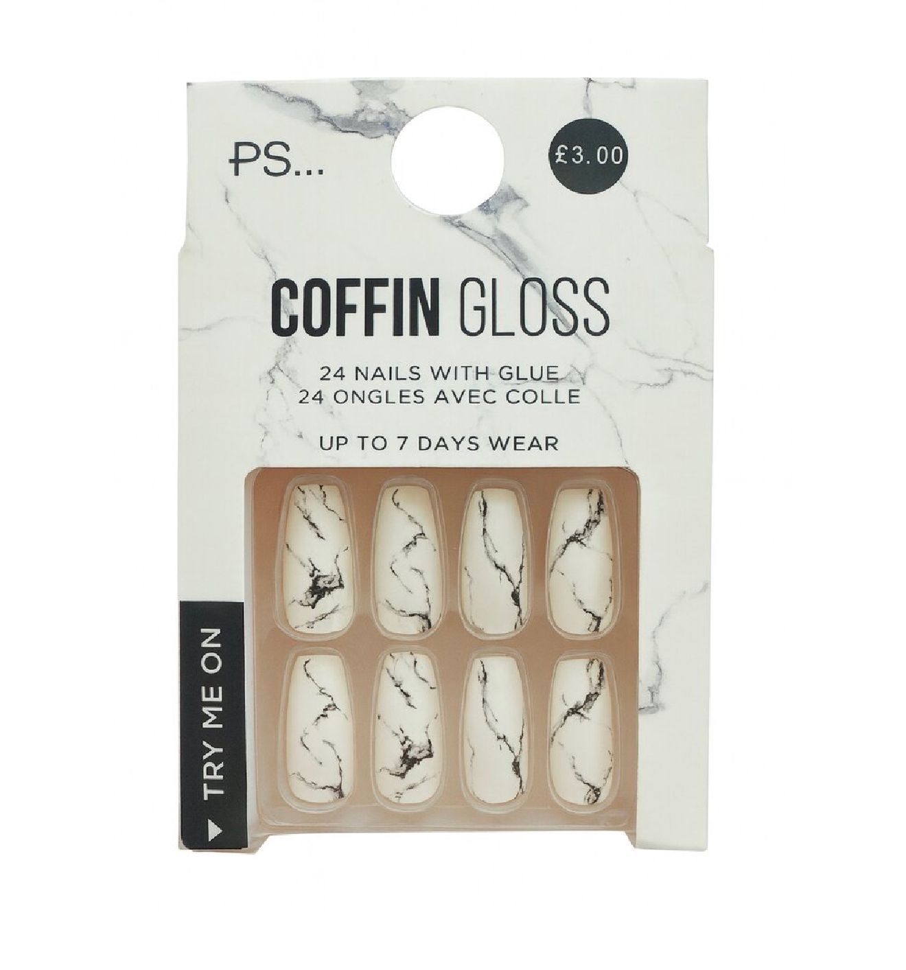 PS... Coffin Gloss False Nails - White Marble Design (24 Nails)