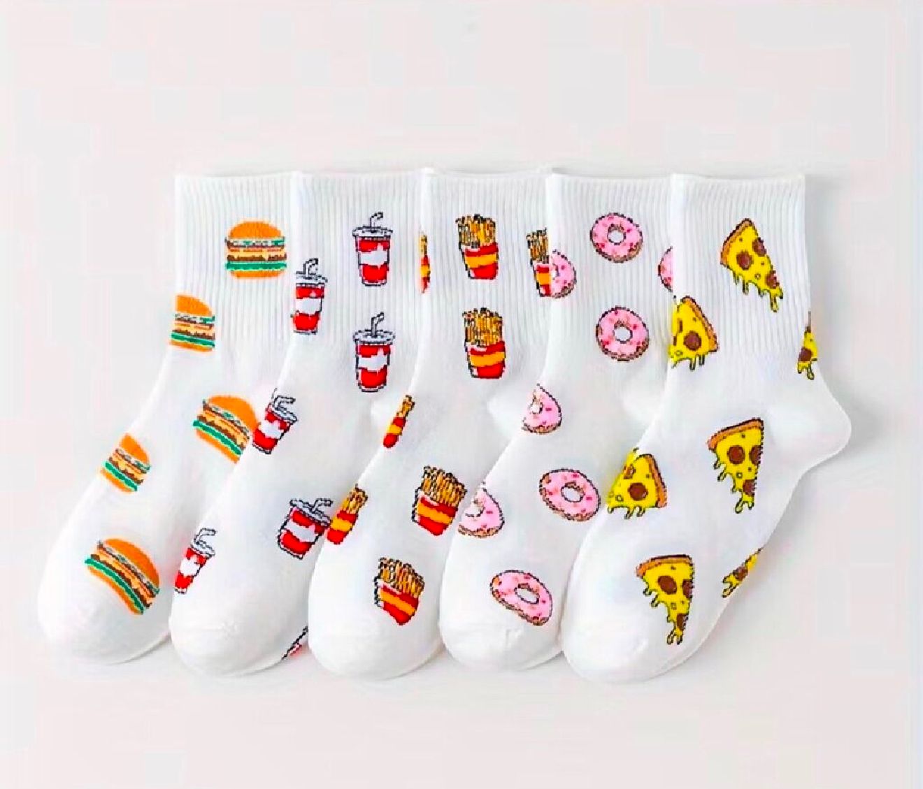 5 Pairs Women's Autumn & Winter Long Socks with Solid Color Hamburger Design - Sporty Cartoon Style