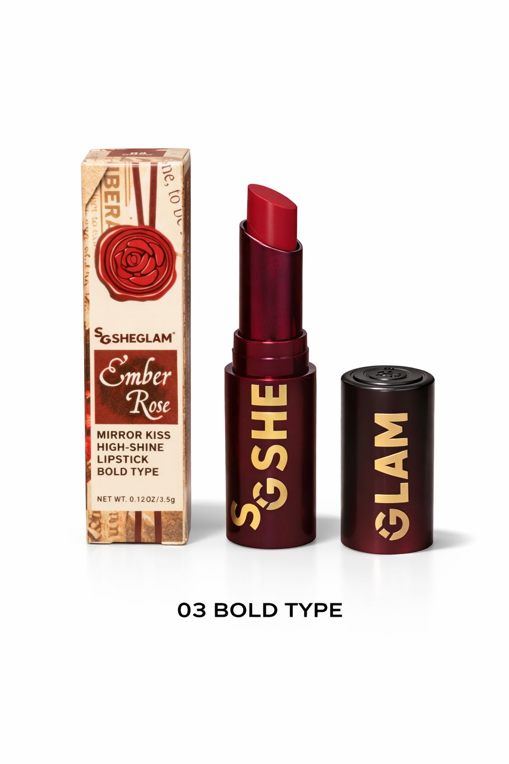 SHEGLAM Ember Rose Mirror Kiss High-Shine Lipstick-03 bold type
