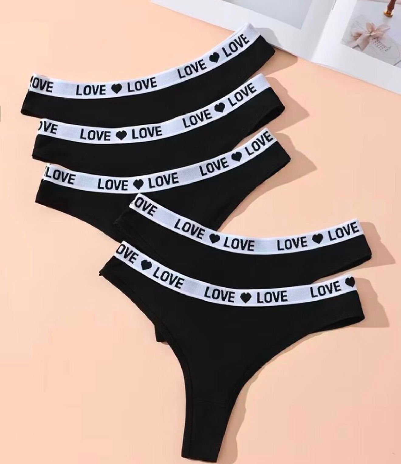 Women's Black LOVE Thong Panties - Low-Rise Seamless V-String (Size XL) 5 pack
