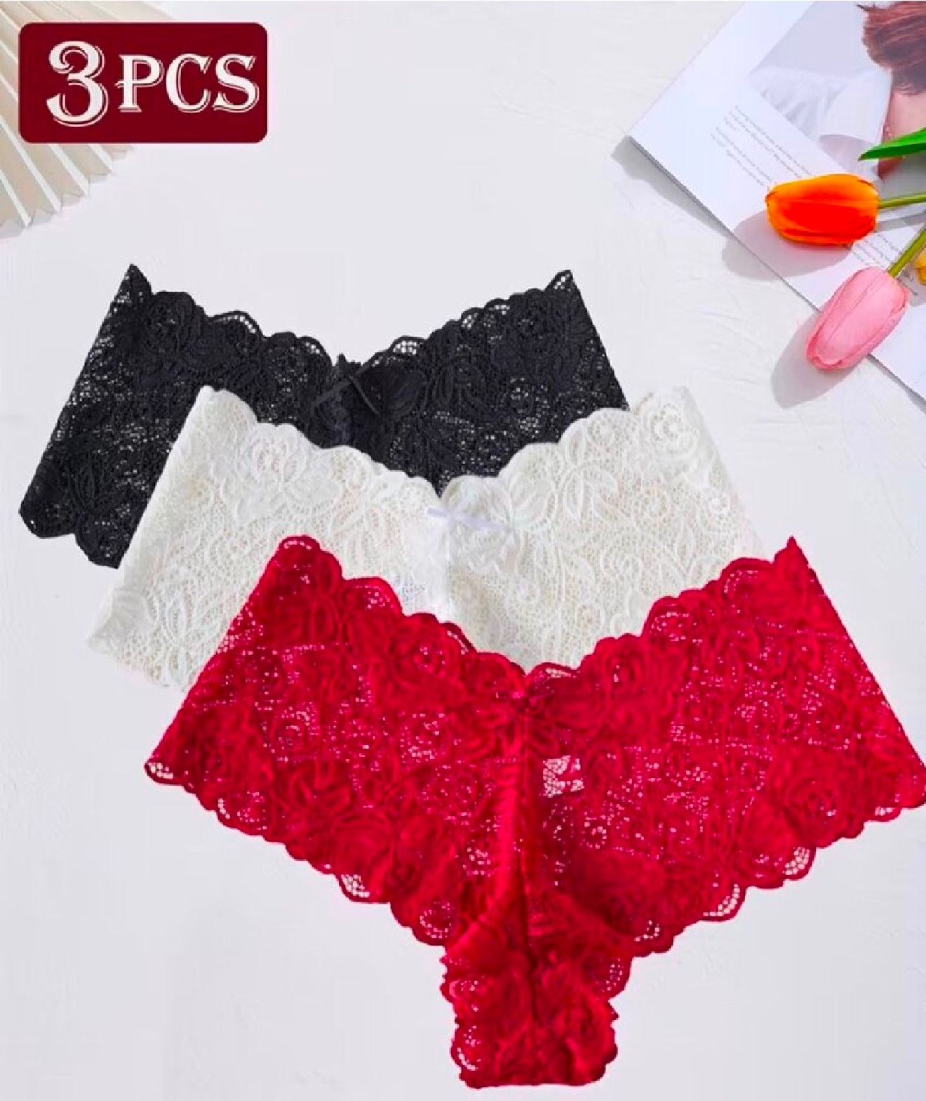 3pcs Women's Lace Panties - Wavy Lace & Bow Detail (Black/White/Red)
